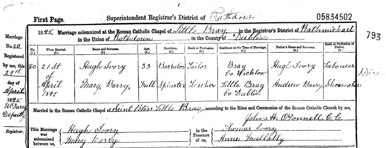 Hugh Ivory - Mary Agnes Barry - Marriage Registration