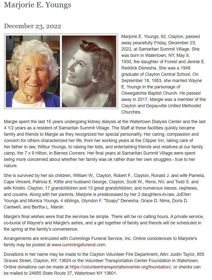 Marjorie Elaine Denesha Youngs - Obituary - 23 December 2022